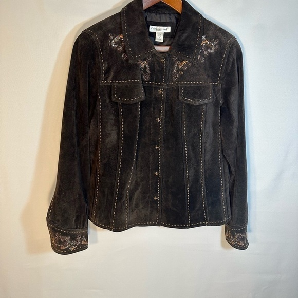 Coldwater Creek Brown Leather Suede Embroidered Beaded Sequins Jacket Lined PM - Picture 10 of 10